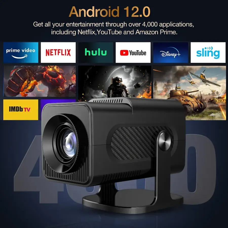 Projetor HY320 com Android 12.0 e aplicativos de entretenimento