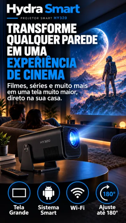 Hydra Smart Projetor HY320: transforme qualquer parede em uma experiência de cinema. Filmes, séries e muito mais em uma tela muito maior, direto na sua casa. Tela grande, sistema Smart, Wi-Fi e ajuste até 180°