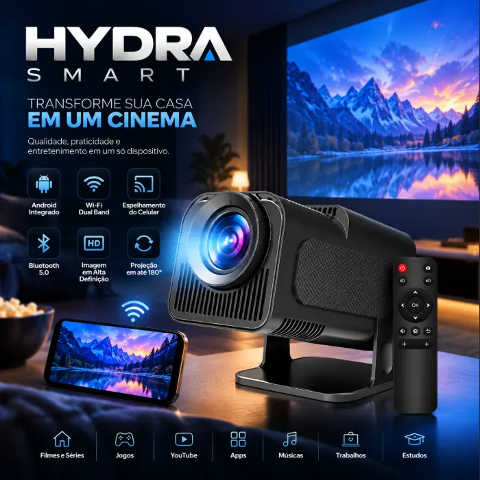 Projetor Hydra Smart transformando a casa em um cinema, com recursos de Android, WiFi, Bluetooth e projeção em até 180°