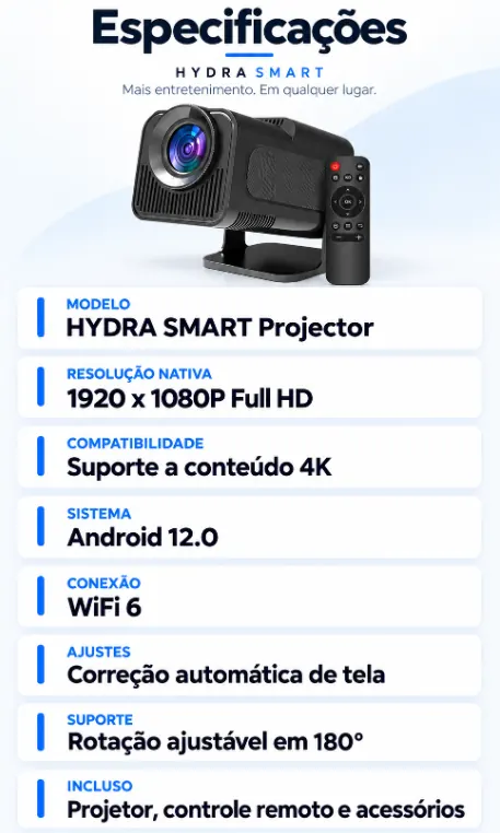 Especificações do projetor HYDRA SMART: resolução nativa 1920 x 1080P Full HD, suporte a 4K, Android 12.0, WiFi 6, correção automática de tela, rotação ajustável em 180° e acessórios inclusos
